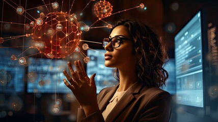 a businesswoman's hand confidently touching a digital neural network interface on a futuristic device, symbolizing the synergy between technology and business.