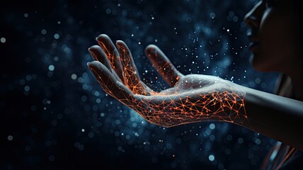 a businesswoman's hand confidently touching a digital neural network interface on a futuristic device, symbolizing the synergy between technology and business.