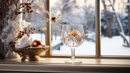 a beautifully crafted cocktail in a glass placed on a rustic windowsill. The soft glow of indoor lighting contrasts with the serene winter landscape outside the window.