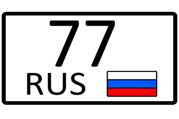 Russian Vehicle registration license plate, registration mark with 77 automobile code of regions of Russia Moscow and flag of Russian Federation, EU sanctions