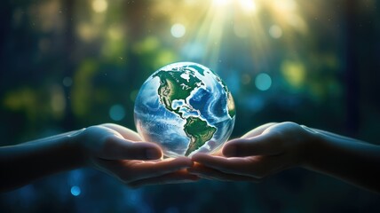 human hands gently cradling a globe against a blurred, lush blue nature background. The photo conveys the message of support for our planet. - obrazy, fototapety, plakaty