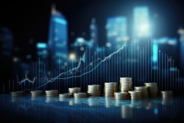 Stacks of coins in front of a city skyline