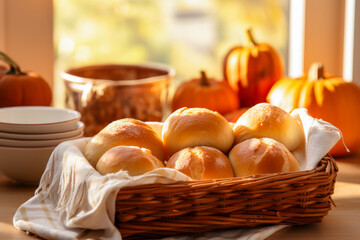 Potato rolls in a basket, fall season baking, Thanksgiving cooking
