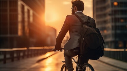 A man in a suit cycling in the rain