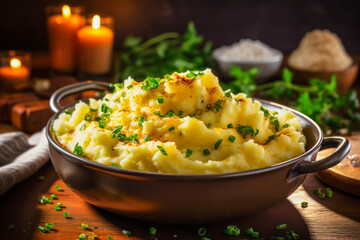 Mashed potatoes with chives, fall season cooking, Thanksgiving side dish - obrazy, fototapety, plakaty