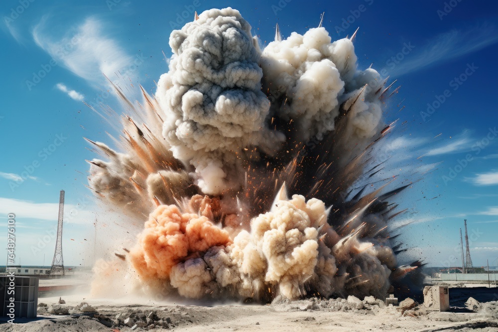 Poster A powerful explosion creating a cloud of smoke and dirt. This image can be used to depict destruction, disaster, or the aftermath of an explosion.