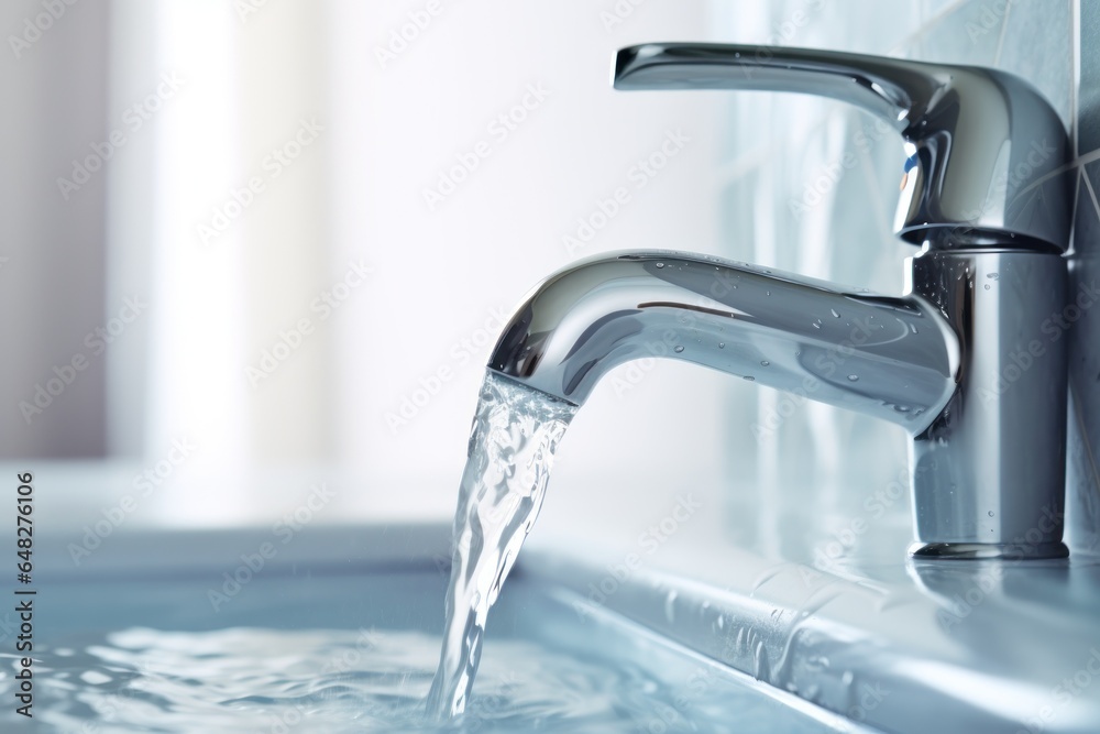 Poster a faucet in a sink running water. this image can be used to depict concepts such as cleanliness, hyg