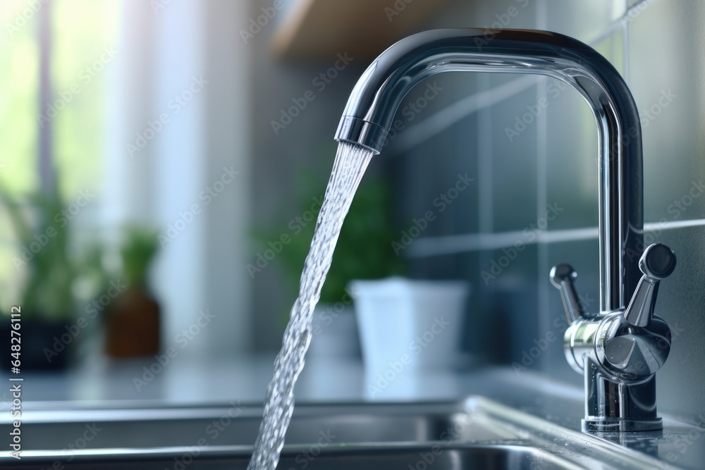 Poster a picture of a kitchen sink with a faucet running out of it. this image can be used to illustrate co