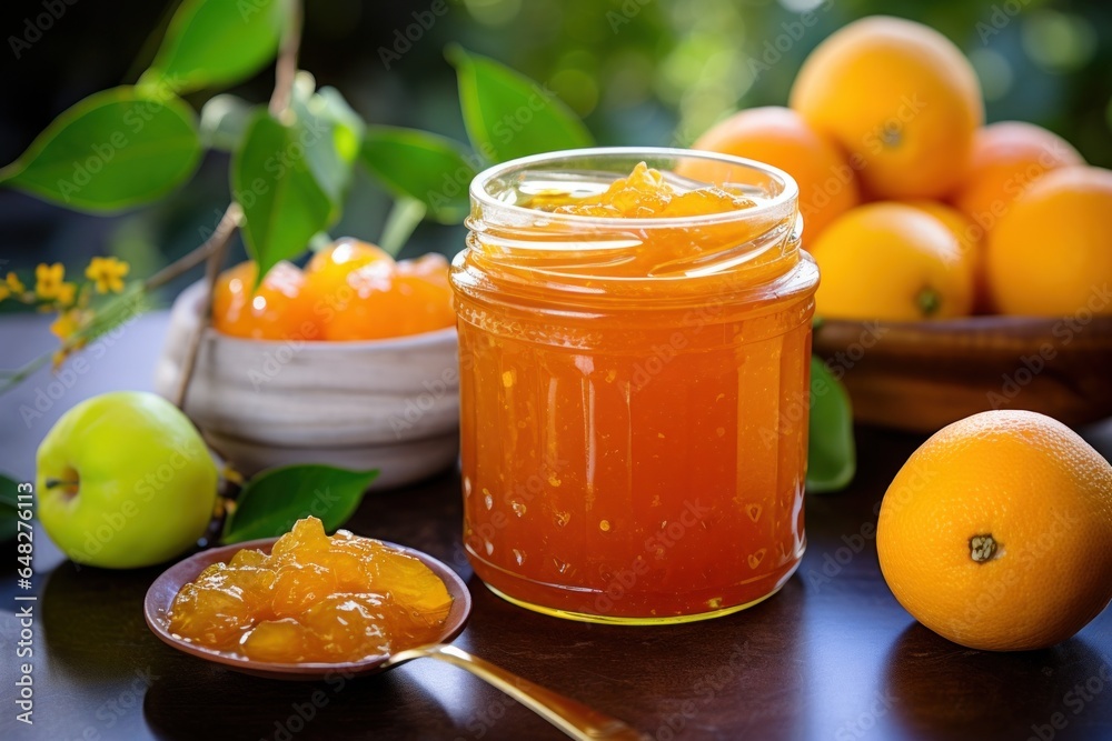 Poster a jar of orange marmalade sits next to a bowl of fresh oranges. this versatile image can be used to 