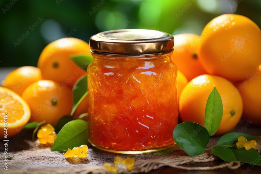 Poster a jar of orange marmalade is placed next to a pile of fresh oranges. this image can be used to showc