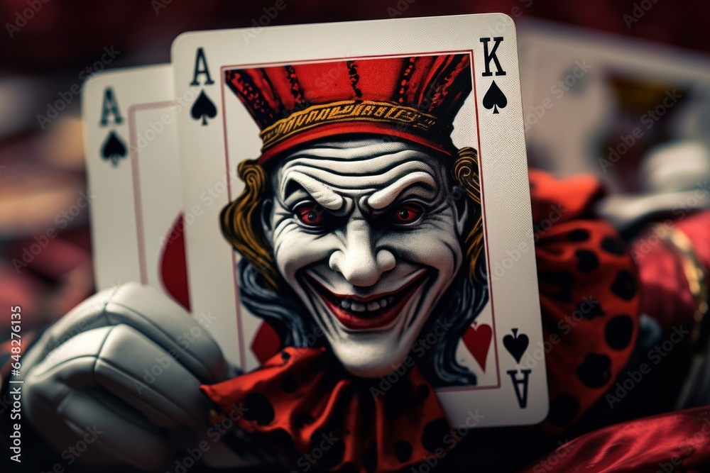 Poster A close-up view of a playing card featuring a clown face. This image can be used for various purposes such as illustrating a deck of cards, representing a circus theme, or adding a touch of whimsy to 