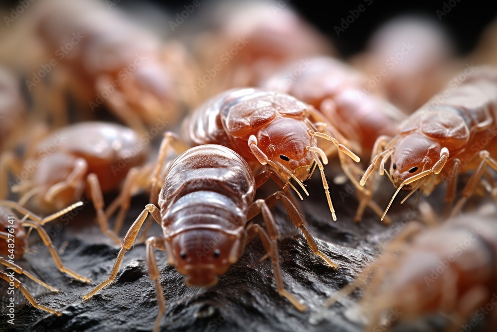 Poster a group of bed bugs can be seen crawling on a piece of wood. this image can be used to illustrate pe