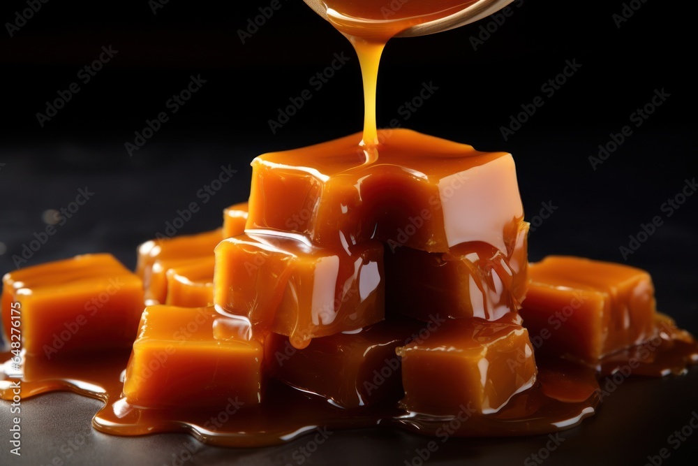 Poster a spoon is shown drizzling caramel onto cubes of caramel. this image can be used to depict the proce