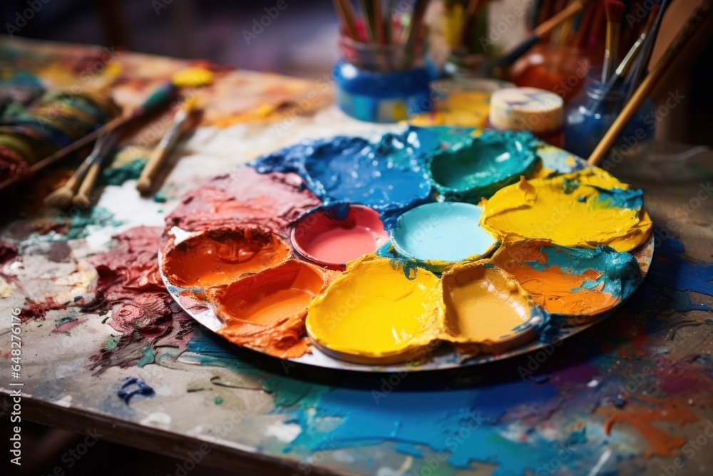 Poster A detailed view of a plate filled with colorful paint on a table. This versatile image can be used for various artistic and creative concepts.
