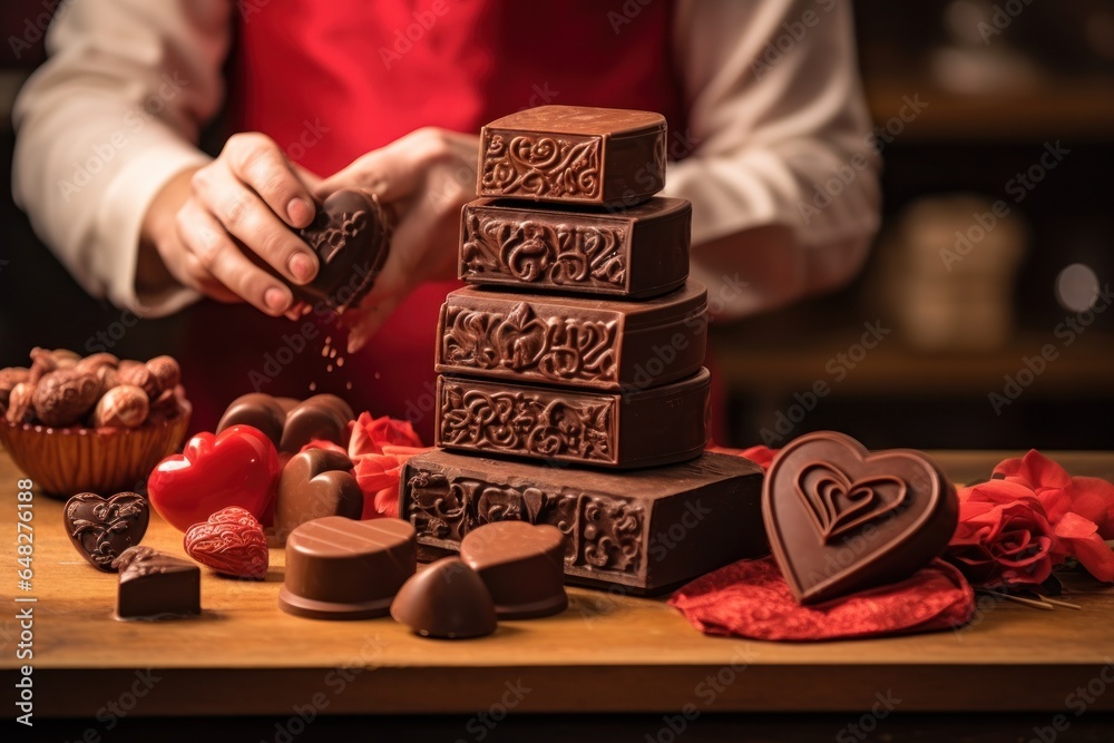 Poster A person is pouring chocolate into a stack of chocolates. This image can be used for illustrating the process of making or decorating chocolates.