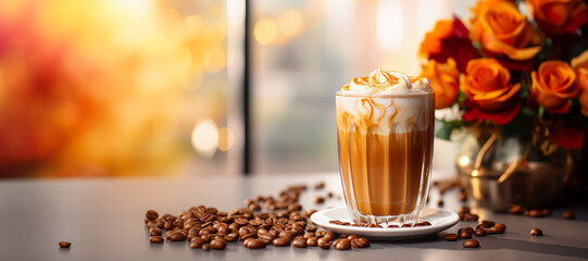 Caramel macchiato latte coffee, fall season beverage, wide banner, copyspace