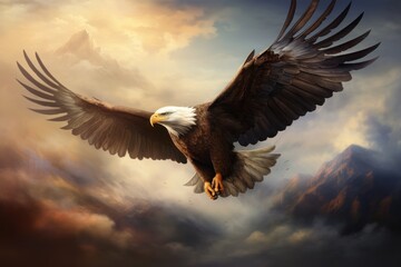 A majestic bald eagle soaring through a cloudy sky. Perfect for nature and wildlife enthusiasts.
