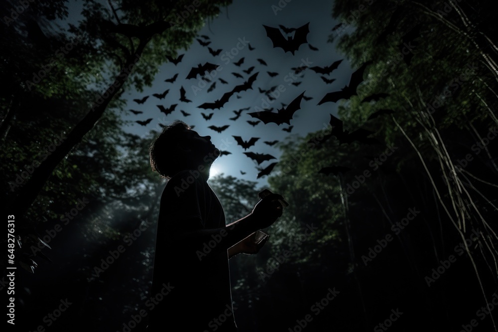 Poster A person standing in the dark with bats flying overhead. This image can be used to create a mysterious and spooky atmosphere.