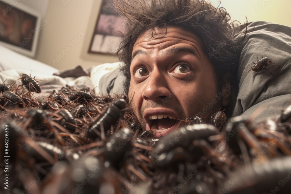 Poster a man lying on top of a bed covered in bugs. this image can be used to depict discomfort, infestatio