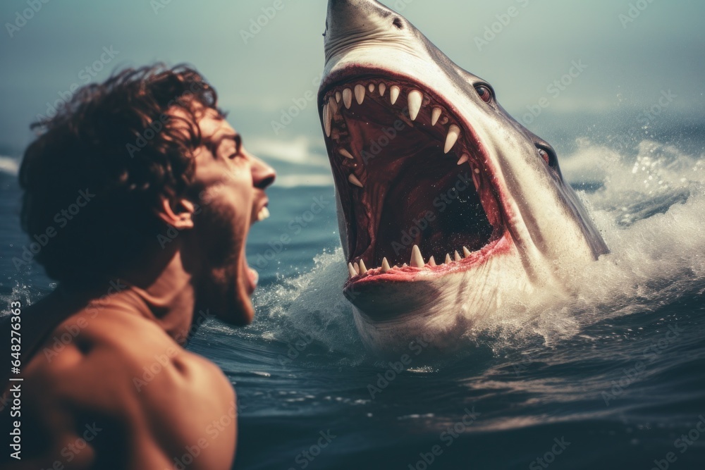 Aufkleber a man is pictured swimming in the water alongside a shark. this image can be used to depict the thri