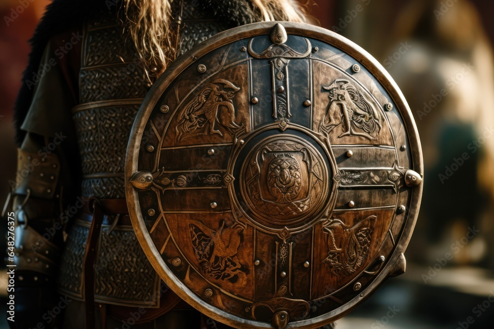 Poster a close-up view of a person holding a shield. this image can be used to represent protection, defens