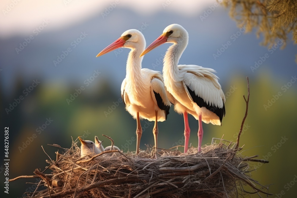 Poster two white storks standing on top of a nest. suitable for nature and wildlife themes.