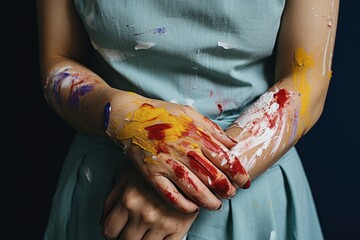 A woman with paint all over her hands. This image can be used to depict creativity, artistry, and the joy of creating something beautiful. - obrazy, fototapety, plakaty