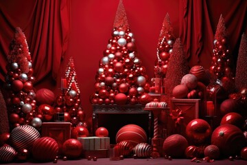 Fototapeta na wymiar A festive red room adorned with an abundance of Christmas decorations