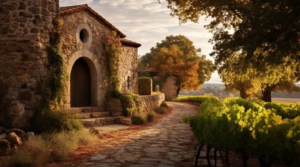 Fototapeta na wymiar the beauty of a family-owned vineyard with a historic stone wine cellar