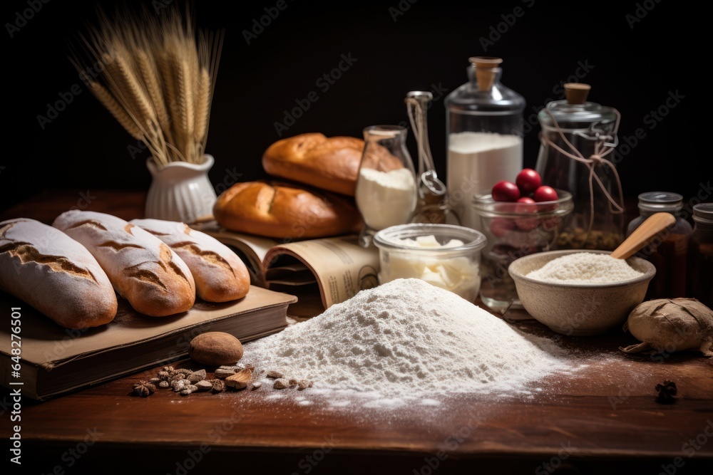 Poster a rustic wooden table is beautifully arranged with an assortment of fresh bread and various ingredie