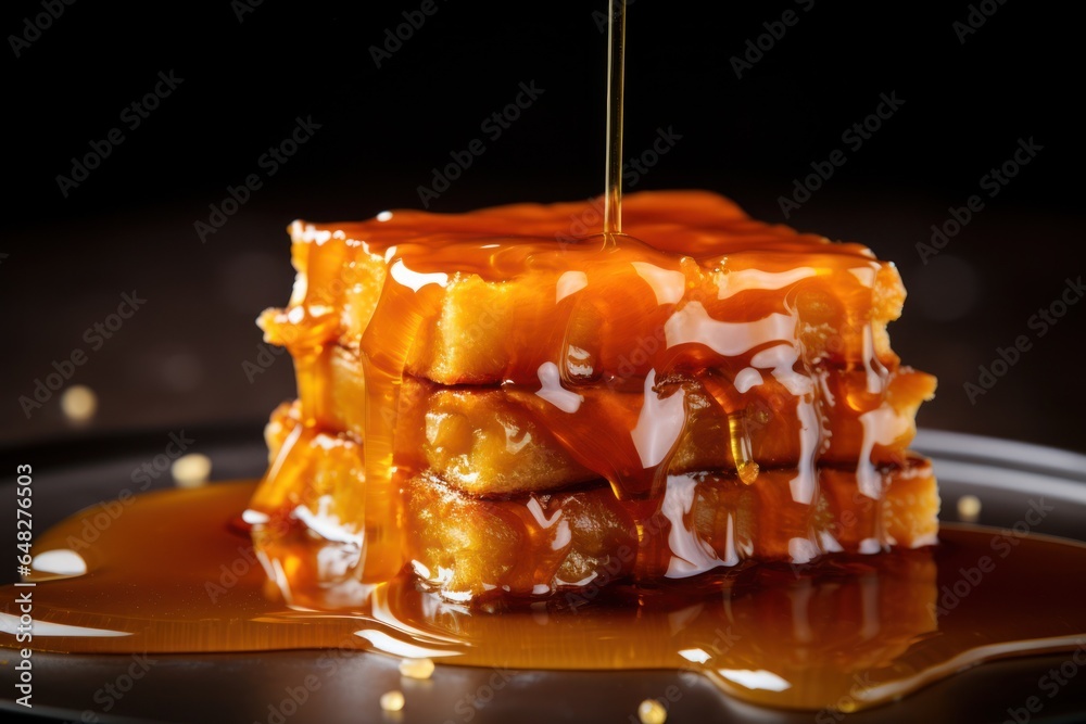 Poster a delicious stack of waffles with warm syrup being drizzled over them. perfect for breakfast or brun