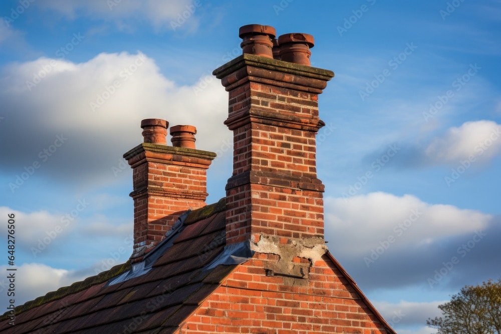 Poster a picture of a brick building with two chimneys on top. this image can be used to depict architectur