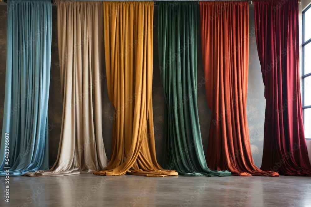 Poster A room with a variety of vibrant and diverse colored curtains. This image can be used to add a pop of color and personality to any interior design or home decor project.