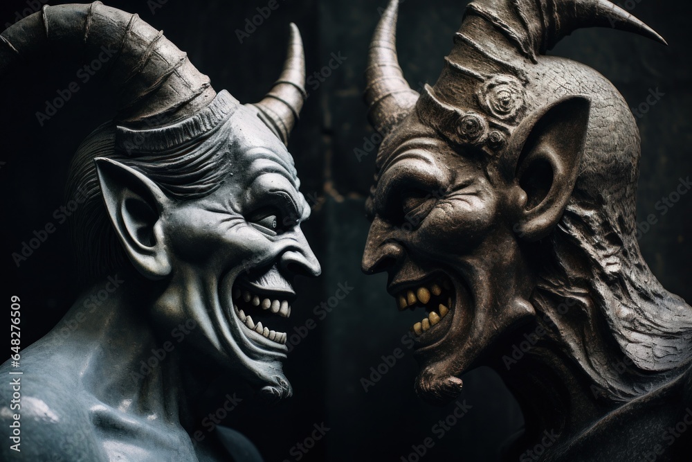 Poster Two statues with horns on them. Perfect for adding a touch of uniqueness and intrigue to any project or design.