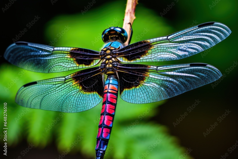 Aufkleber a vibrant dragonfly perched on top of a plant. this image can be used to add a touch of nature and b