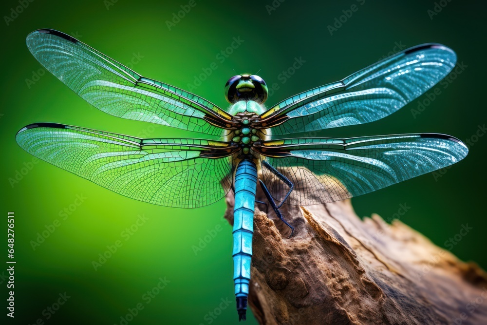 Poster a dragonfly perched on a piece of wood. perfect for nature enthusiasts and those seeking a touch of 