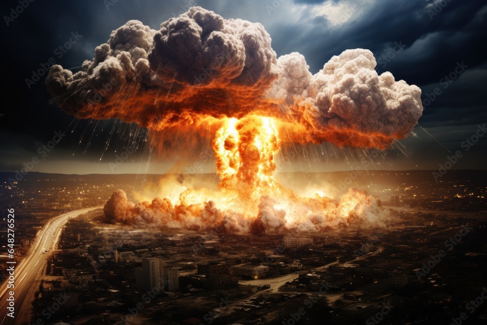 Poster A massive explosion of smoke and clouds billowing out, creating a dramatic and intense scene. Perfect for illustrating powerful forces, destruction, or impactful events. Can be used in various context