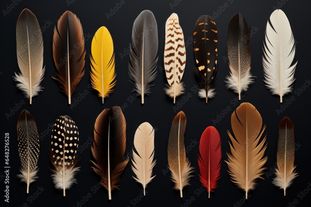 Fototapete A collection of vibrant feathers in various colors displayed against a black backdrop. Ideal for adding a pop of color to designs or creating a unique artistic composition.