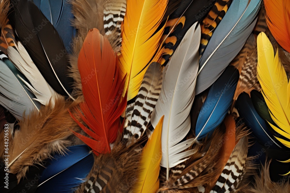 Poster A close-up view of an array of colorful feathers. This image captures the intricate details and vibrant hues of these feathers. Perfect for adding a touch of nature's beauty to any project or design.