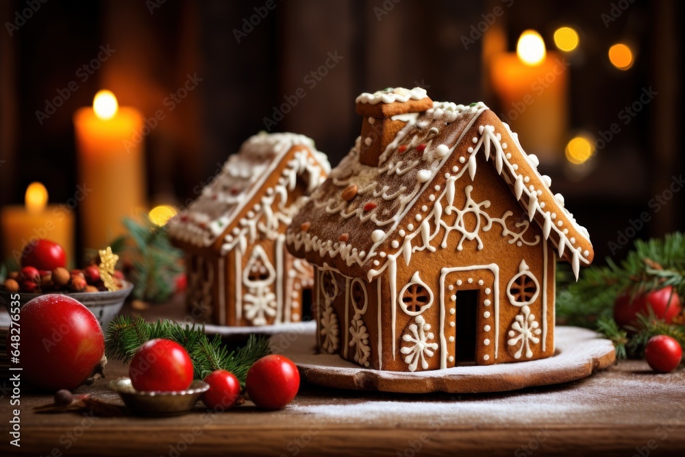 Poster a table adorned with two beautifully decorated gingerbread houses and flickering candles. perfect fo
