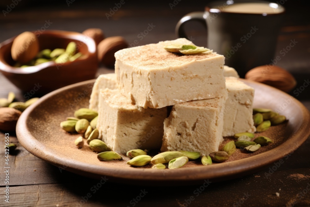 Poster A plate of tofu topped with nuts accompanied by a cup of coffee. This image can be used to showcase a healthy breakfast or a vegan meal option.