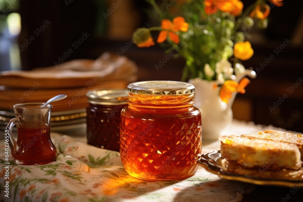 Canvas Prints a jar of honey sits on a table next to a plate of delicious food. this image can be used to showcase