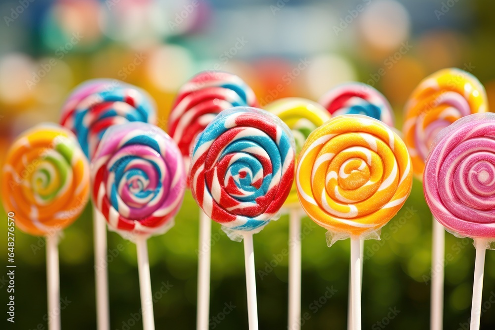 Poster A vibrant stack of lollipops, creating a playful and sweet display. Perfect for confectionery advertisements or children's party invitations.