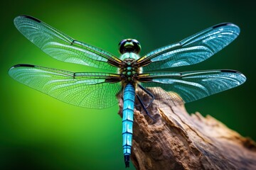 A dragonfly perched on a piece of wood. Perfect for nature enthusiasts and those seeking a touch of whimsy in their designs. - Powered by Adobe