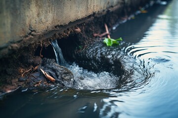 A small stream of water is seen flowing out of a concrete wall. This image can be used to depict concepts such as water leakage, plumbing issues, or urban infrastructure. - obrazy, fototapety, plakaty