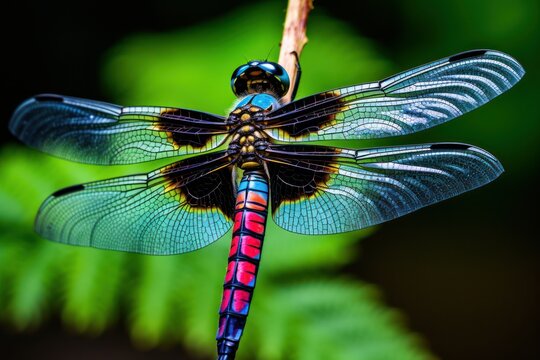 A vibrant dragonfly perched on top of a plant. This image can be used to add a touch of nature and beauty to any project.