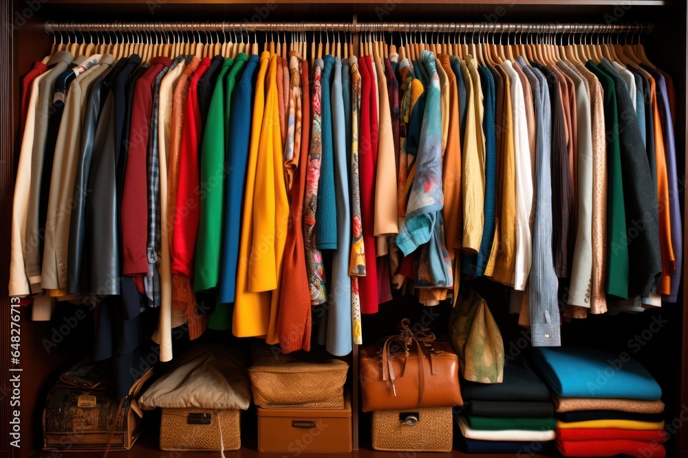 Poster a closet filled with a variety of different colored shirts. this image can be used to showcase a div