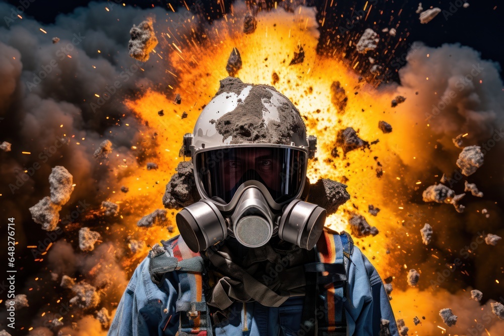 Poster a man wearing a gas mask stands in front of a powerful explosion. this image can be used to depict t