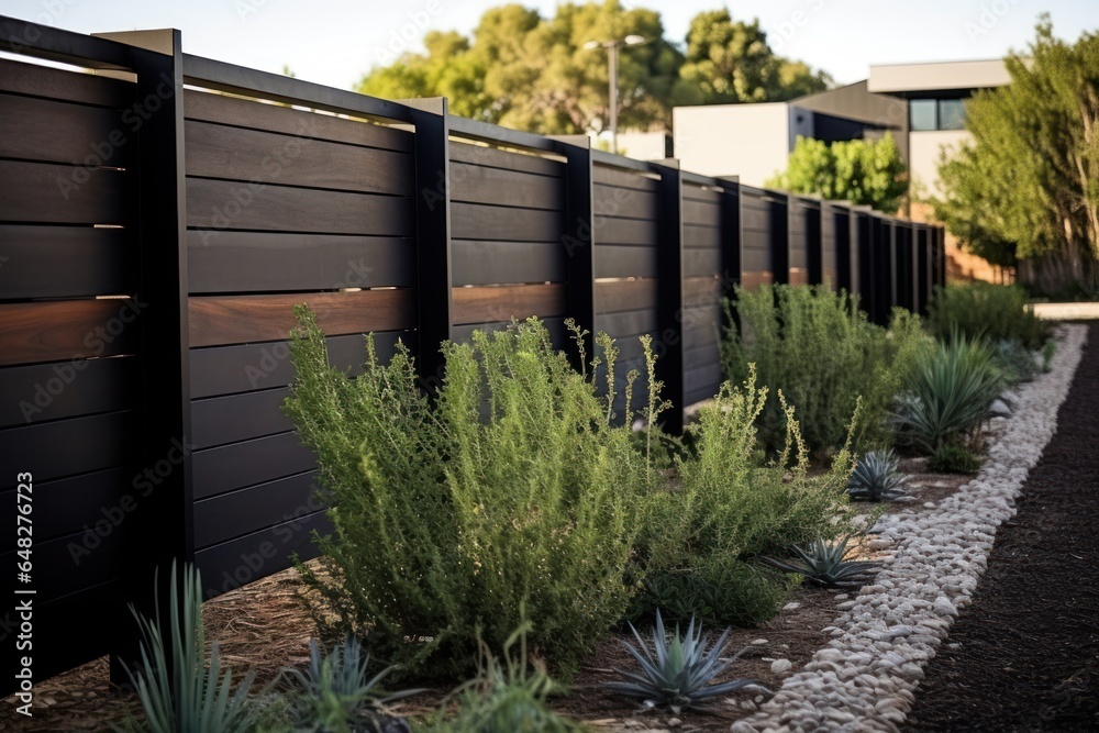 Aufkleber A picture of a wooden fence with plants growing in front of it. Perfect for adding a touch of nature to any project.
