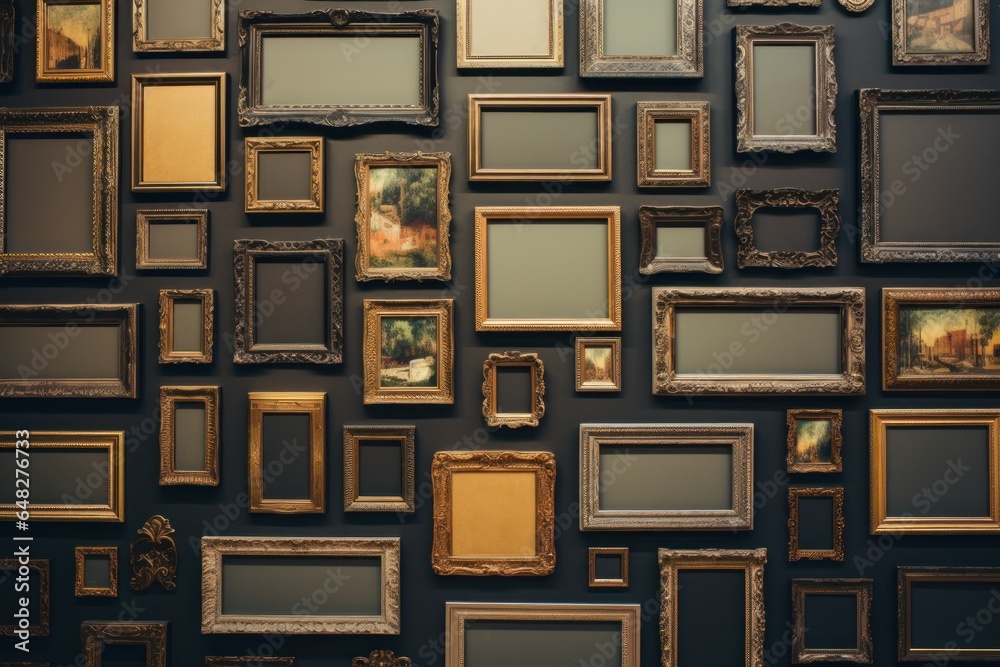 Poster A collection of picture frames hanging on a wall. Perfect for showcasing memories and adding a personal touch to any space.